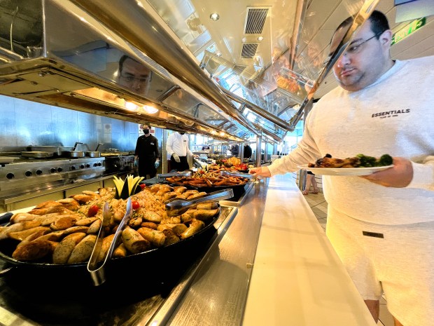 German sausages are the daily special at the Oceanview Café on Celebrity Solstice. (Photo by David Dickstein)