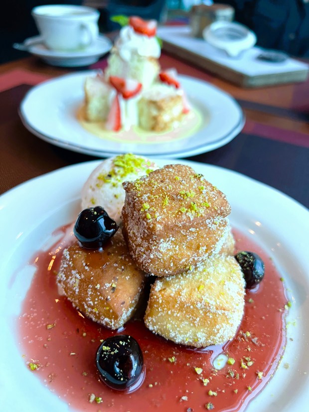 Spumoni doughnuts (front) are among the temptations at Tuscan Grille on the Celebrity Solstice. (Photo by David Dickstein)