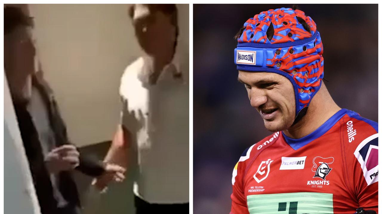 Kalyn Ponga video, rest room cubicle footage, Newcastle Knights investigation, safety guard escorts Kalyn Ponga and Kurt Mann out of bathroom