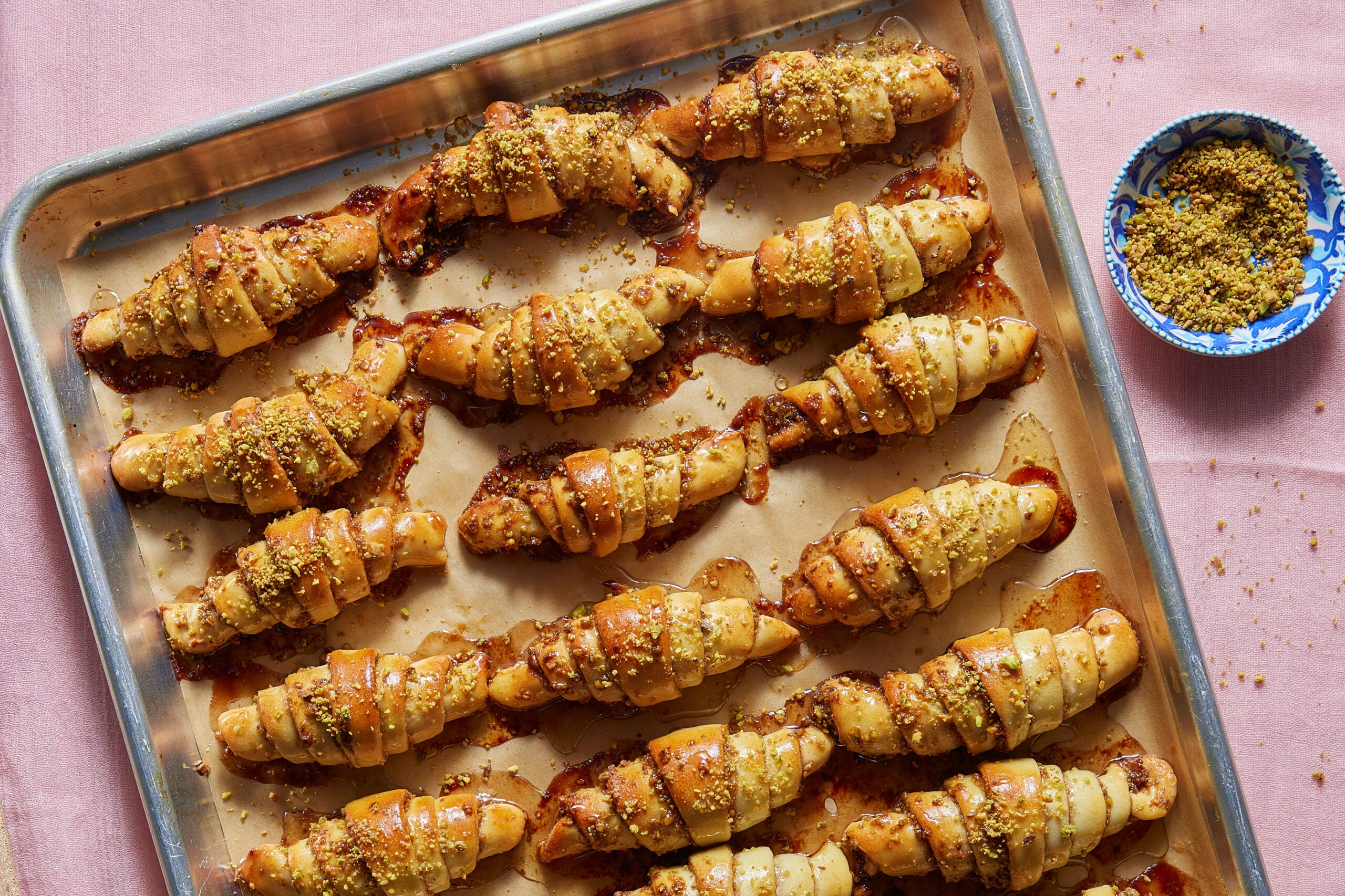 Israeli-Type Rugelach with Pistachio-Date Filling and Rosewater Honey