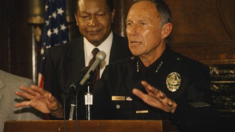 Los Angeles Mayor Tom Bradley and chief of Los Angeles police Daryl Gates during a press conference concerning the L.A. uprisings on May 01, 1992.