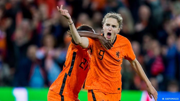 Vivianne Miedema celebrates a goal for the Netherlands