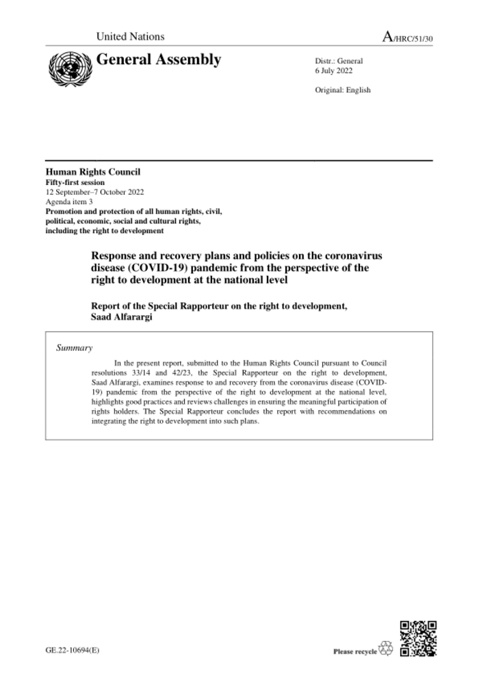 Response and recovery plans and policies on the coronavirus disease (COVID-19) pandemic from the perspective of the right to development at the national level - Report of the Special Rapporteur on the right to development (A/HRC/51/30) [EN/AR/RU/ZH] - World