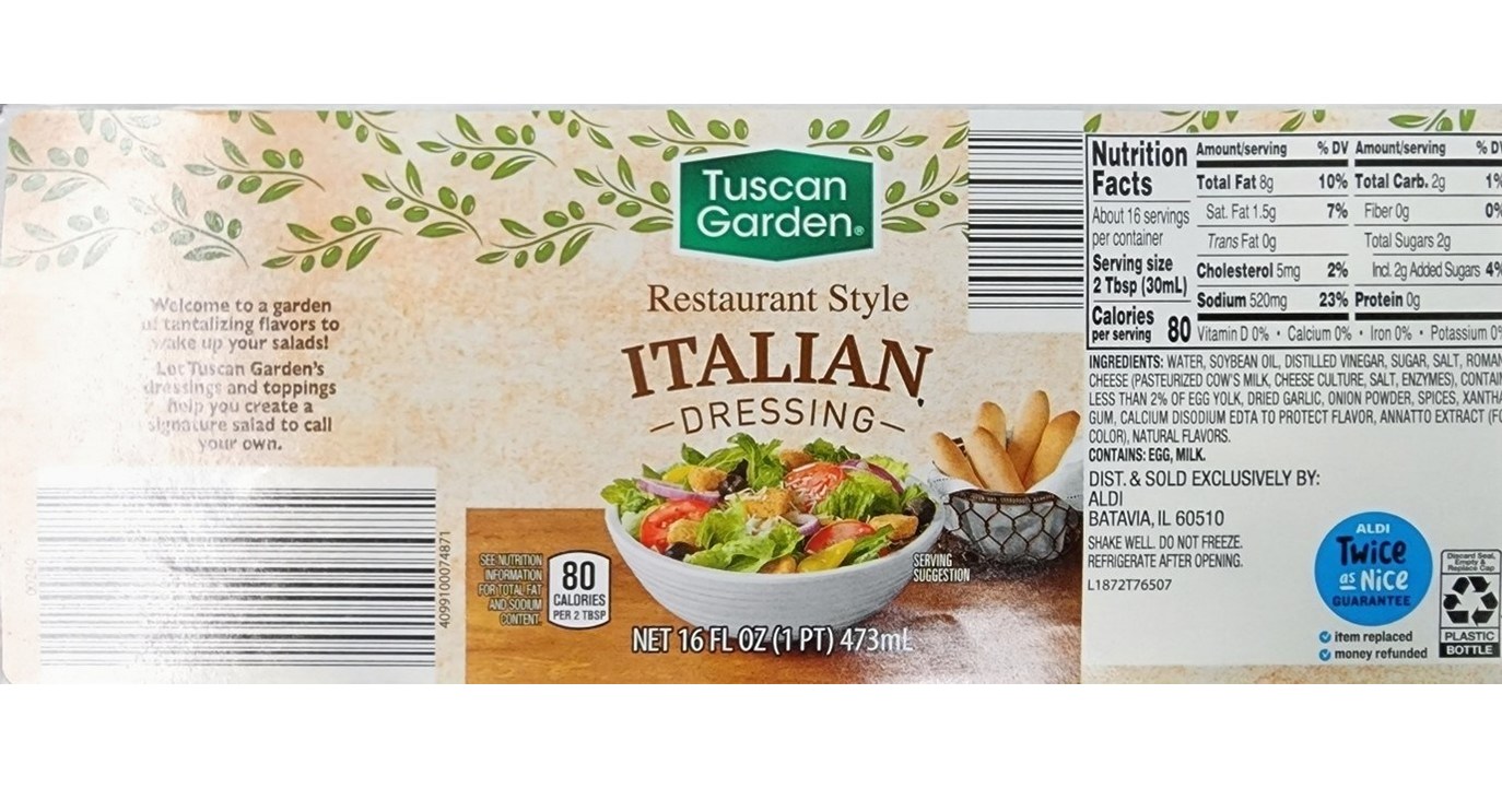 TreeHouse Meals Proclaims Voluntary Recall of Sure Tuscan Backyard Restaurant Type Italian Dressing Resulting from Undeclared Wheat and Soy