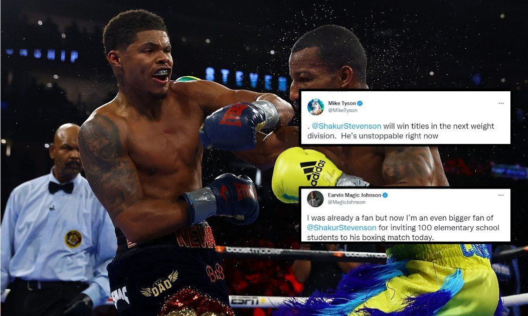 Mike Tyson and Magic Johnson bathe Shakur Stevenson in reward after win over Robson Conceicao