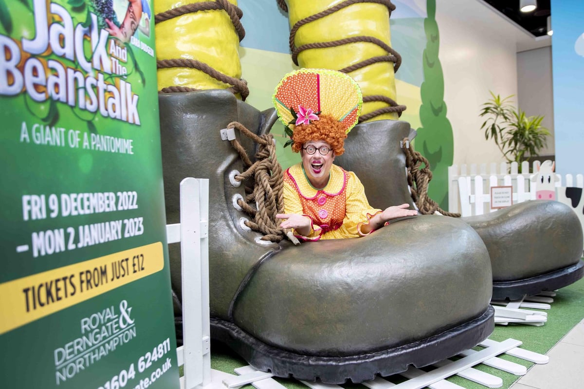 Big boots on show in Northampton purchasing centre forward of Jack and the Beanstalk pantomime