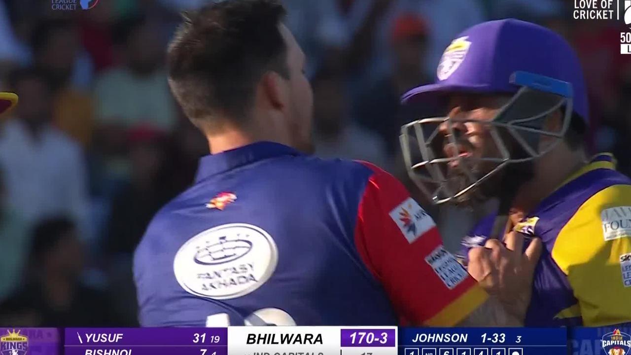 Mitchell Johnson pushes Yusuf Pathan in Legends League Cricket after sledge, final, video, highlights