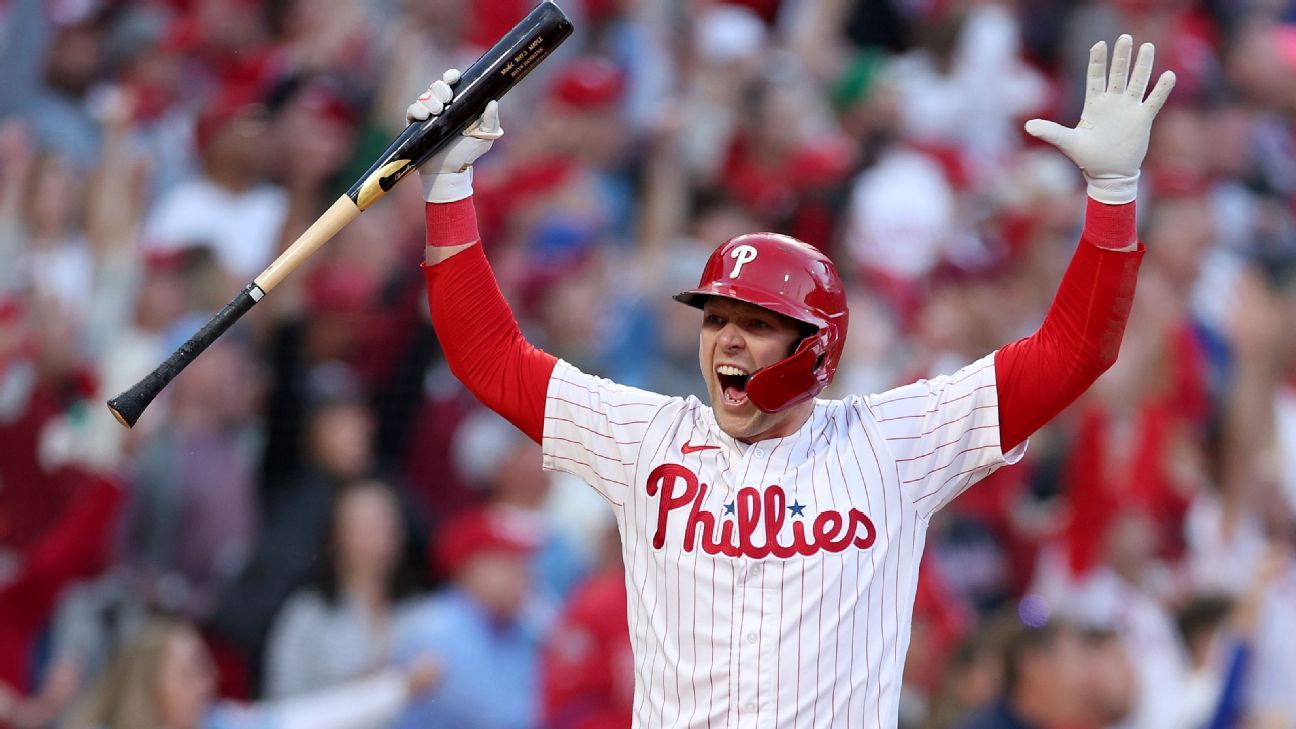 Rhys Hoskins celebrates Sport 3 NLDS dwelling run with bat spike