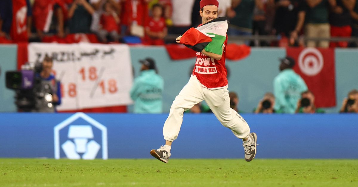 Supporter runs onto pitch throughout Tunisia v France recreation with Palestinian flag