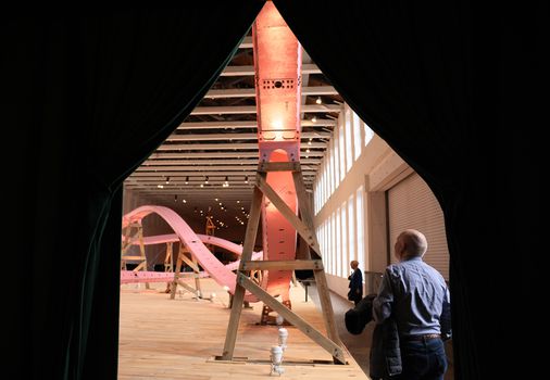 Inside Mass MoCA, EJ Hill’s ‘Break Run Helix,’ is a rideable curler coaster that does double obligation as artwork