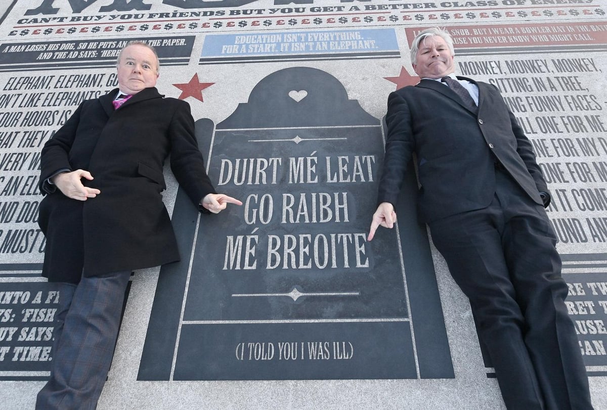 Pictures of Ian Hislop and Nick Newman on Blackpool Comedy Carpet as they convey comedy about Spike Milligan to resort