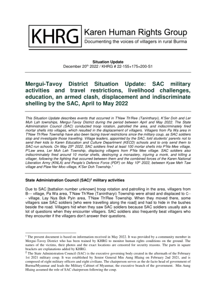 Mergui-Tavoy District Scenario Replace: SAC army actions and journey restrictions, livelihood challenges, schooling, an armed conflict, displacement and indiscriminate shelling by the SAC, April to Might 2022 – Myanmar