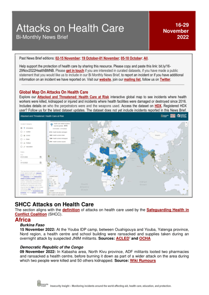 Assaults on Well being Care Bi-Month-to-month Information Transient: 16 – 29 November 2022 – World