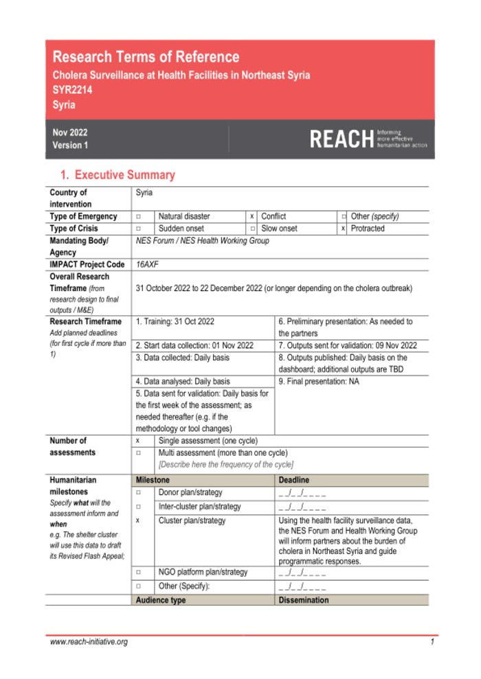 Analysis Phrases of Reference: Cholera Surveillance at Well being Services in Northeast Syria, SYR2214 (Nov 2022, Model 1) – Syrian Arab Republic