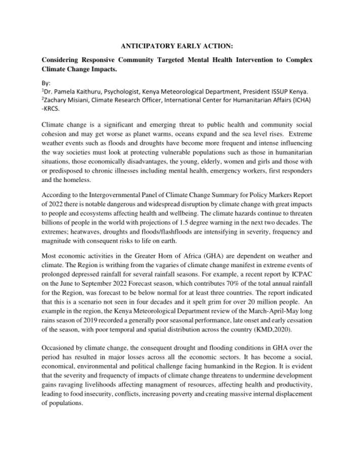 Anticipatory Early Motion: Contemplating Responsive Group Focused Psychological Well being Intervention to Complicated Local weather Change Impacts. – Kenya