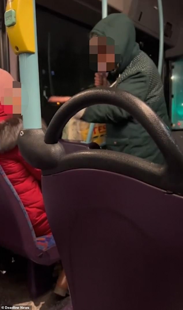 Second aged passenger with procuring luggage argues with mom and son over precedence bus seats