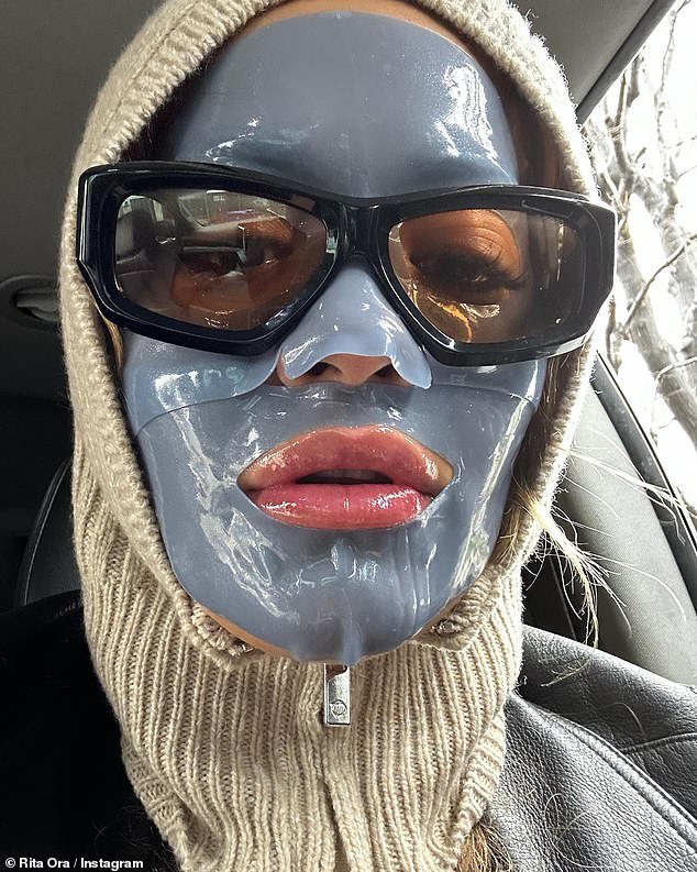 Rita Ora appears unrecognisable in moisturising face masks whereas filming music video