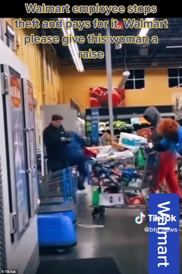 Walmart employee is BEATEN by brazen shoplifter as two attempt to go away retailer with full buying carts