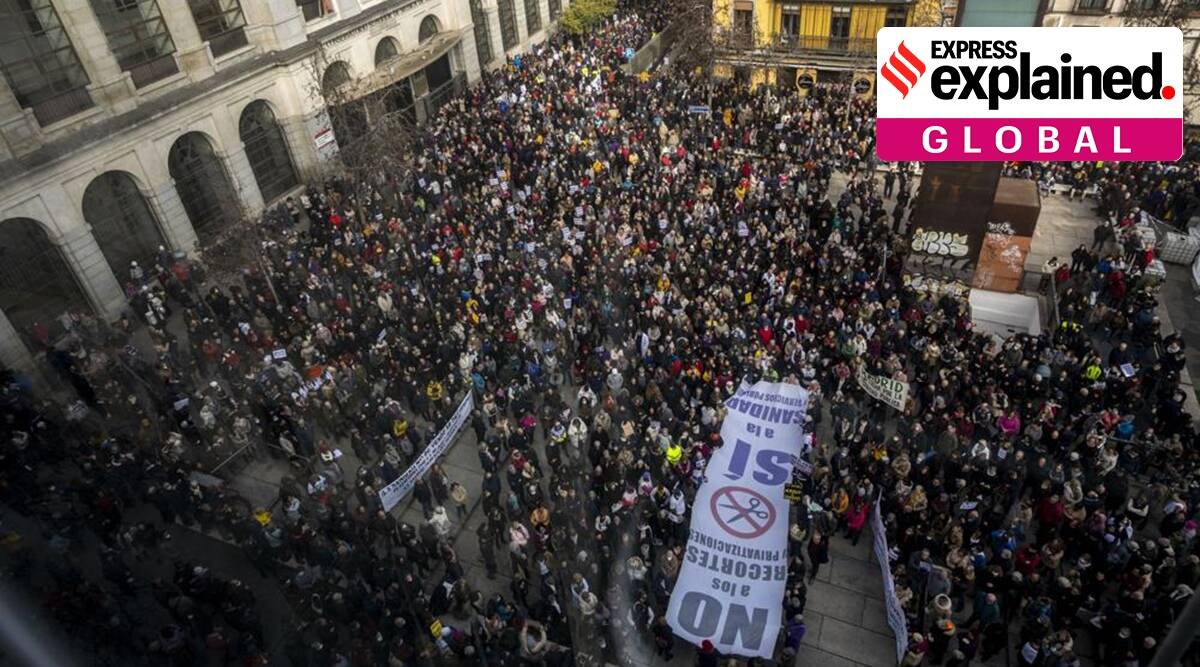 Why are well being staff protesting in Spain?