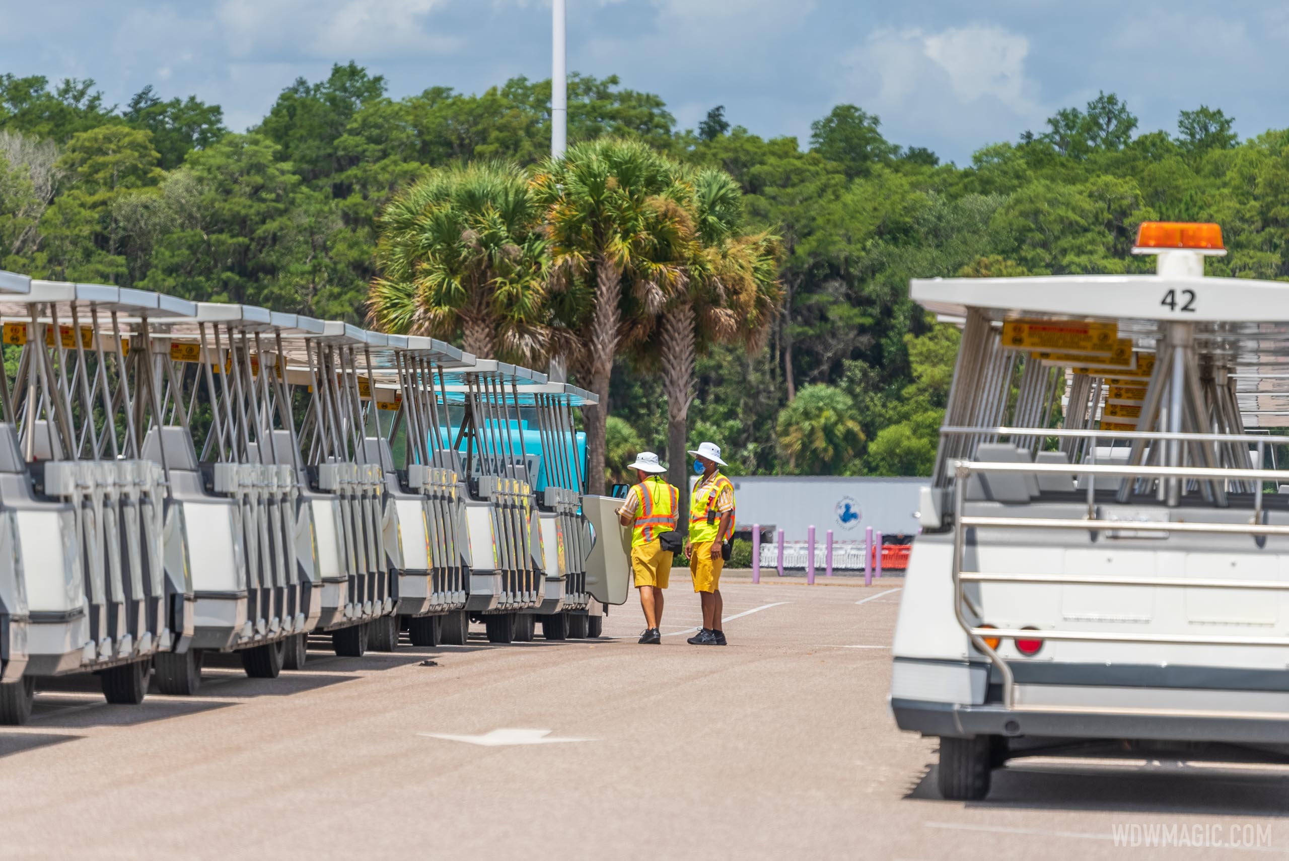 Walt Disney World’s parking tram fleet stays mothballed at two of the theme parks