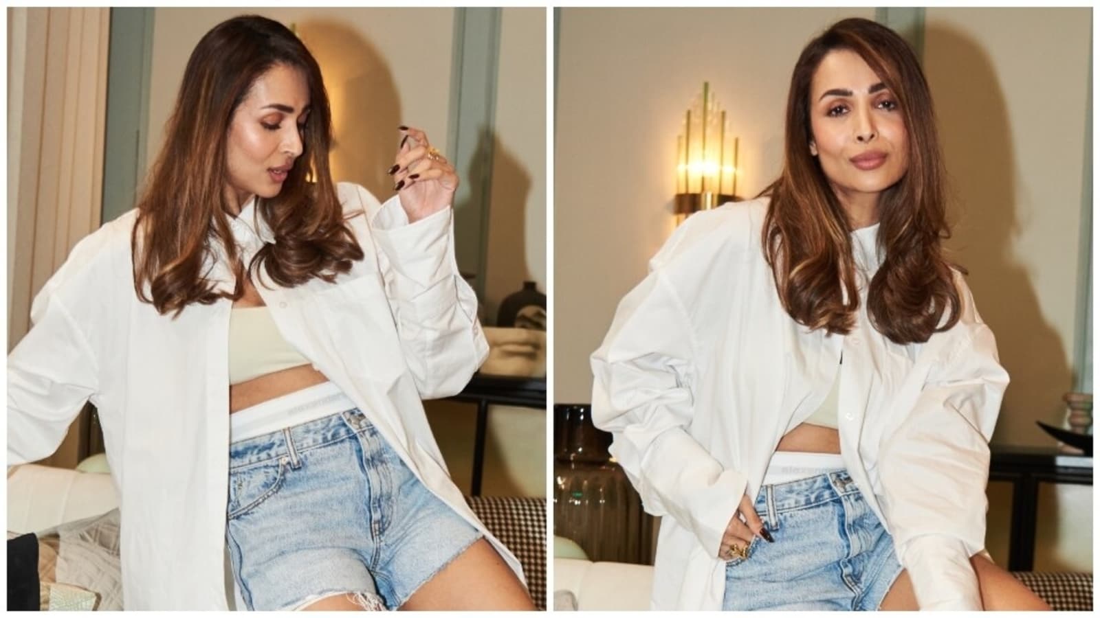 Malaika Arora serves the most popular technique to type outsized white shirt with bralette, shorts and boots: See all pics | Vogue Developments