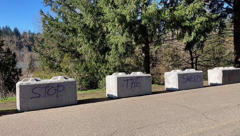 Portland OR homeless campers out, concrete blocks in close to Oaks Park