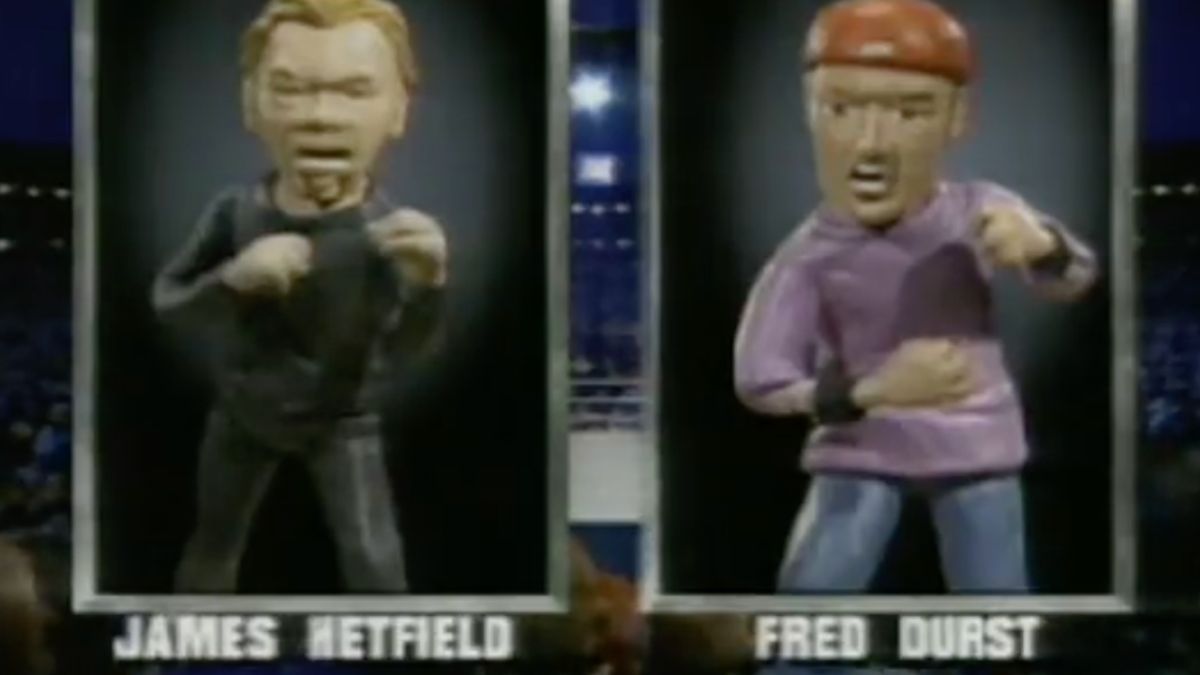 Somebody’s discovered the James Hetfield vs Fred Durst battle from Superstar Deathmatch and it is gruesomely hilarious